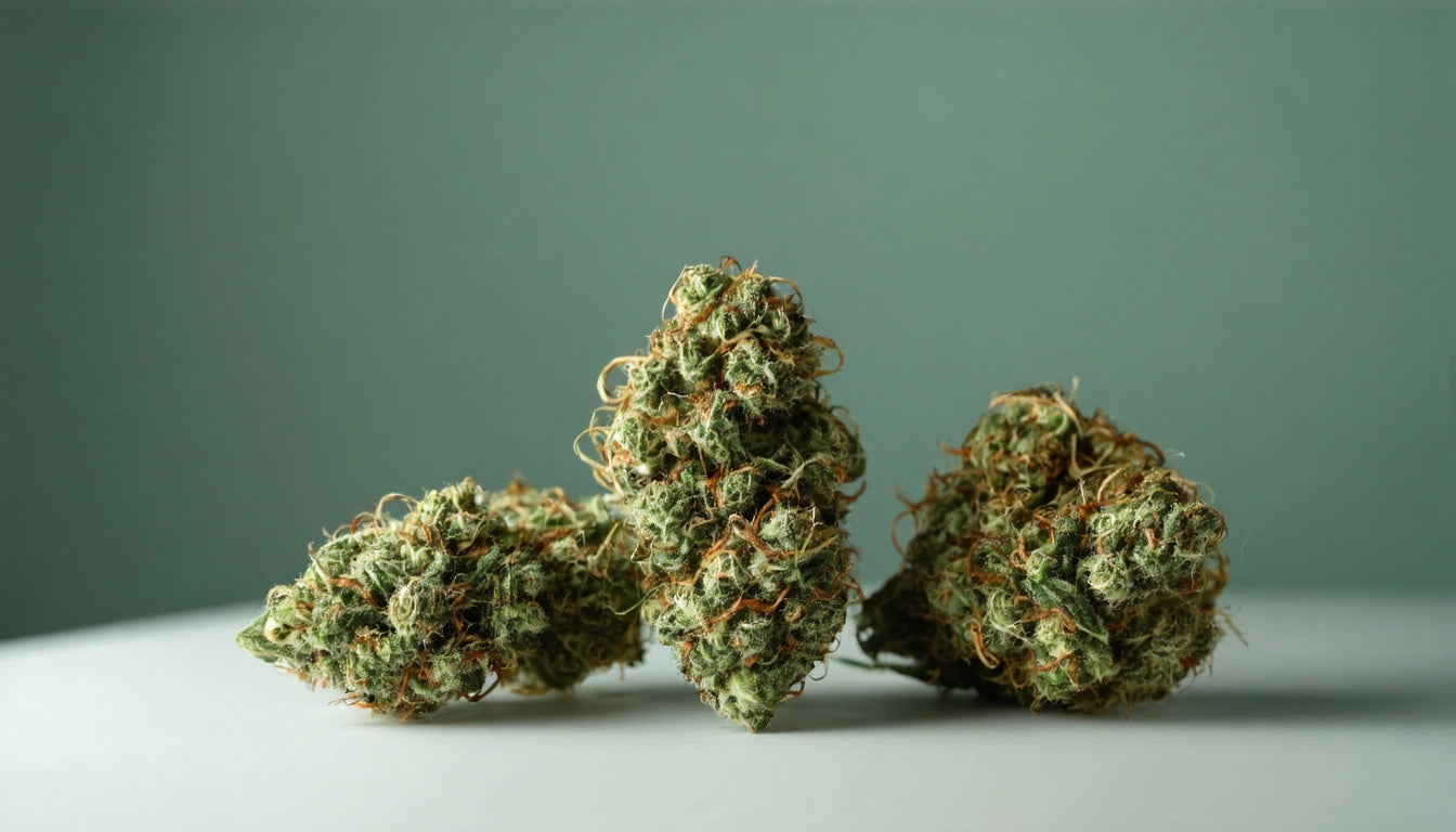 Three green and orange plant buds on a light gray surface against a muted green background