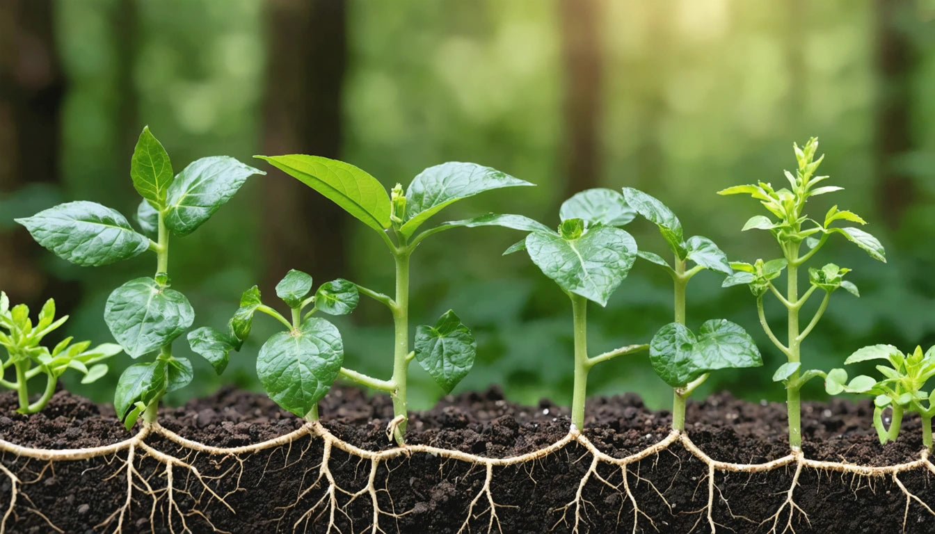 Five green plants with visible roots growing in dark soil, blurred forest background