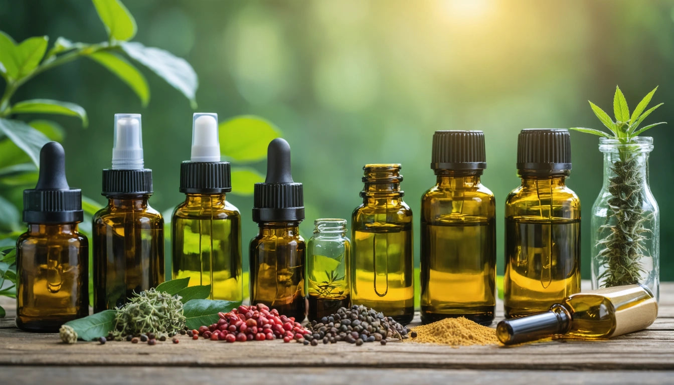 Amber glass bottles with droppers, surrounded by herbs, spices, and a small jar with a plant, on a wooden surface