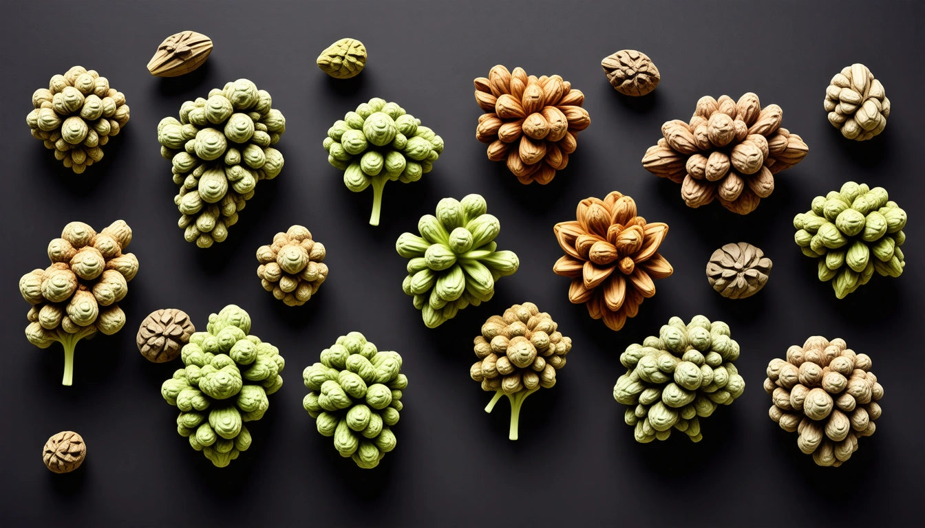 Clusters of green and brown textured objects resembling fruits or nuts arranged on a dark surface