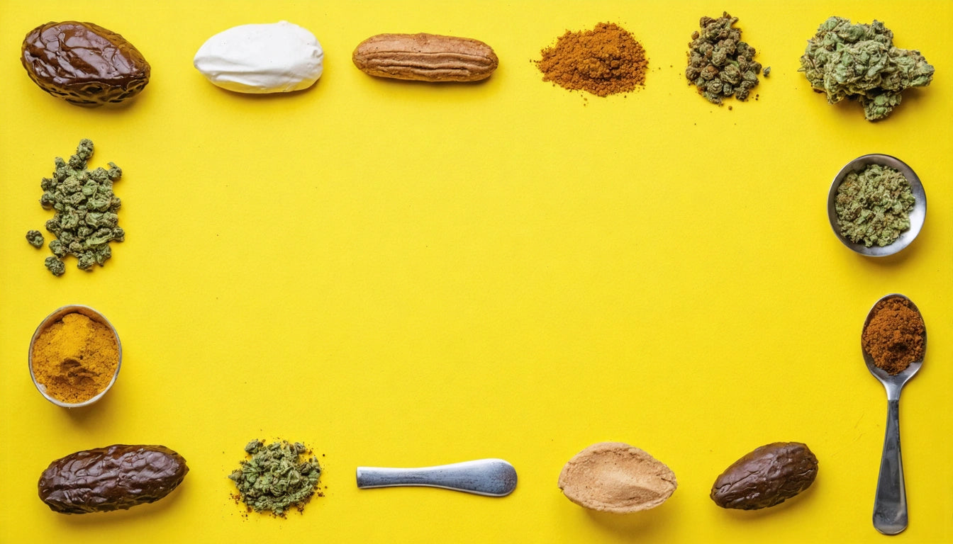 Various spices, herbs, and nuts arranged in a rectangle on a bright yellow background