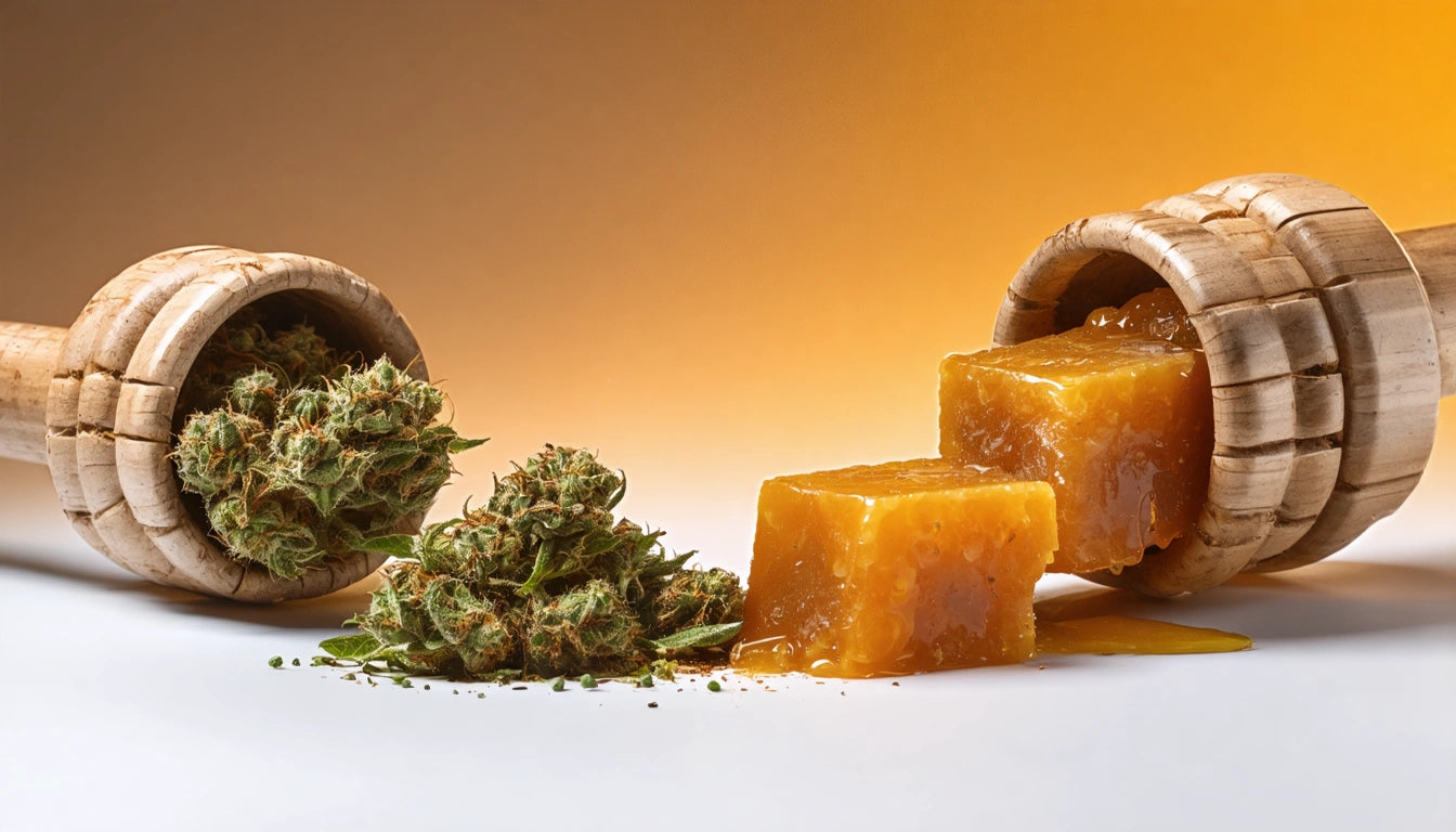 Wooden honey dipper with honeycomb pieces on one side, green plant buds on the other, against a gradient orange background