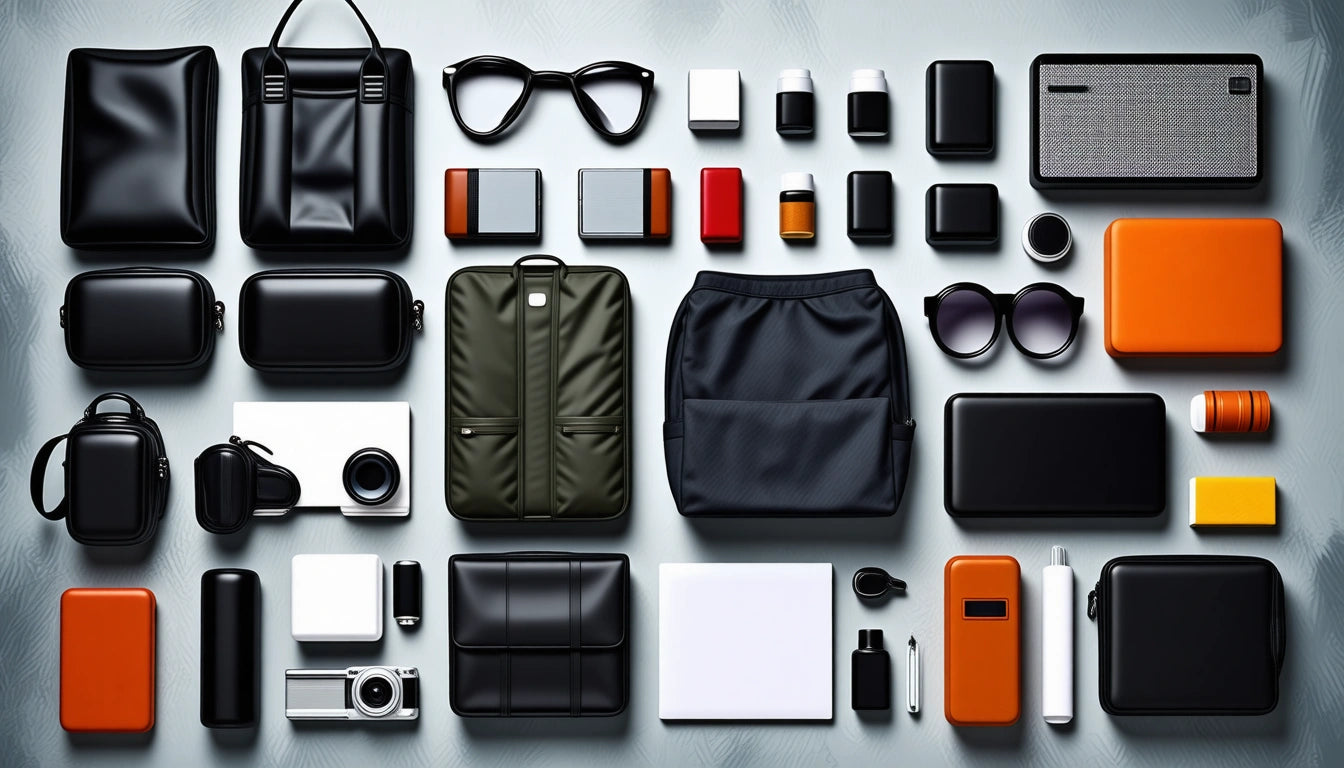 Black, orange, and gray bags, sunglasses, cameras, and rectangular objects arranged neatly on a light gray surface
