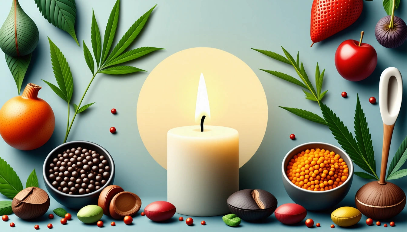 White candle with flame surrounded by assorted fruits, nuts, and leaves on a blue background