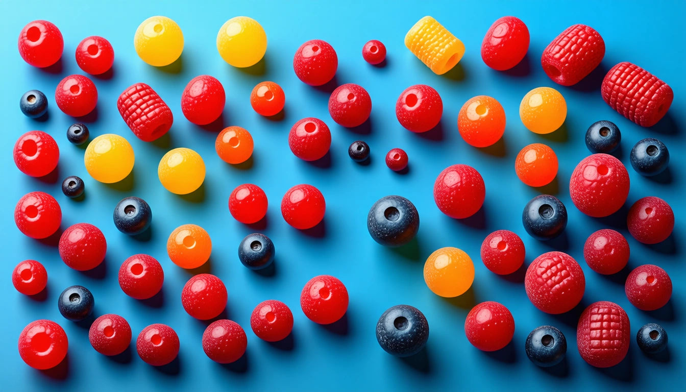 Red, yellow, and orange round candies scattered on a blue surface, with a few resembling blueberries and corn cob shapes