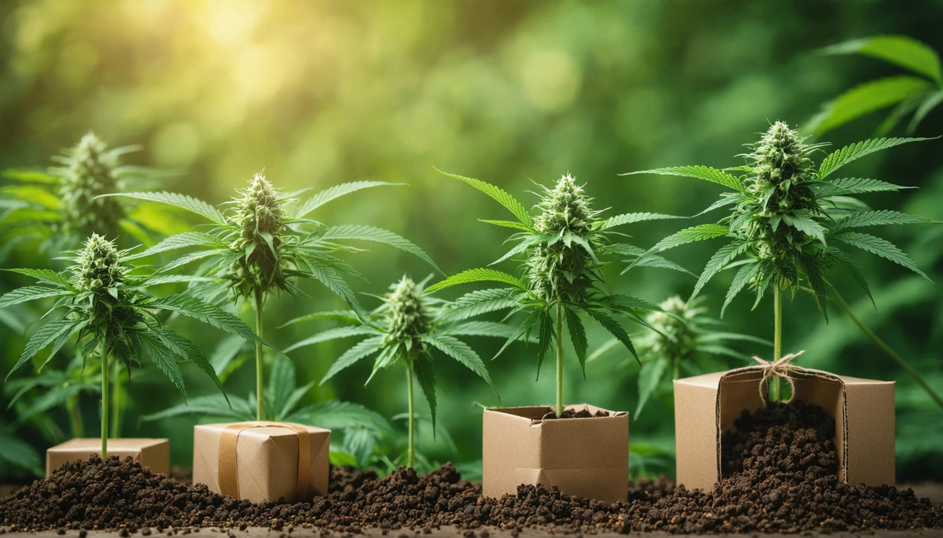 Five potted plants with green leaves and buds, surrounded by soil, on a wooden surface with a blurred green background