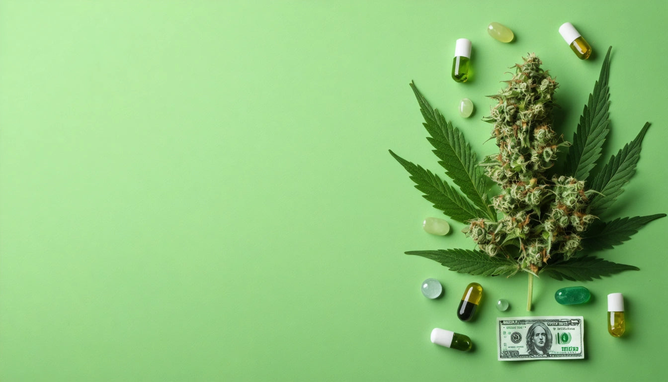Cannabis bud and leaves surrounded by pills and a dollar bill on a green background