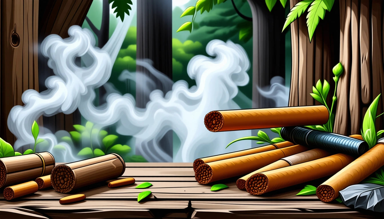 Wooden sticks and leaves on a wooden surface, with smoke swirling and trees in the background