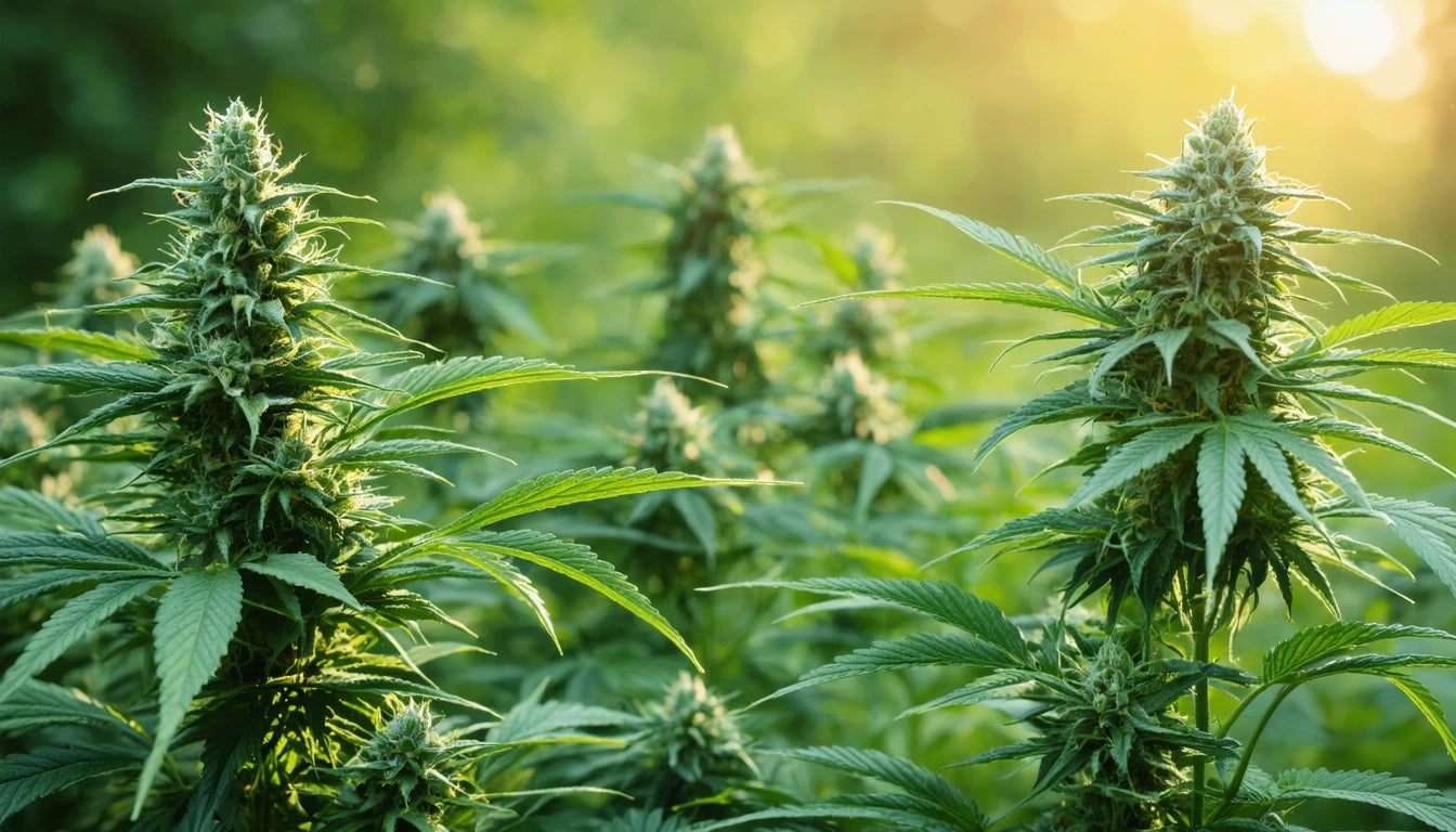 Sunlit green plants with pointed leaves and dense clusters, surrounded by a lush, blurred background