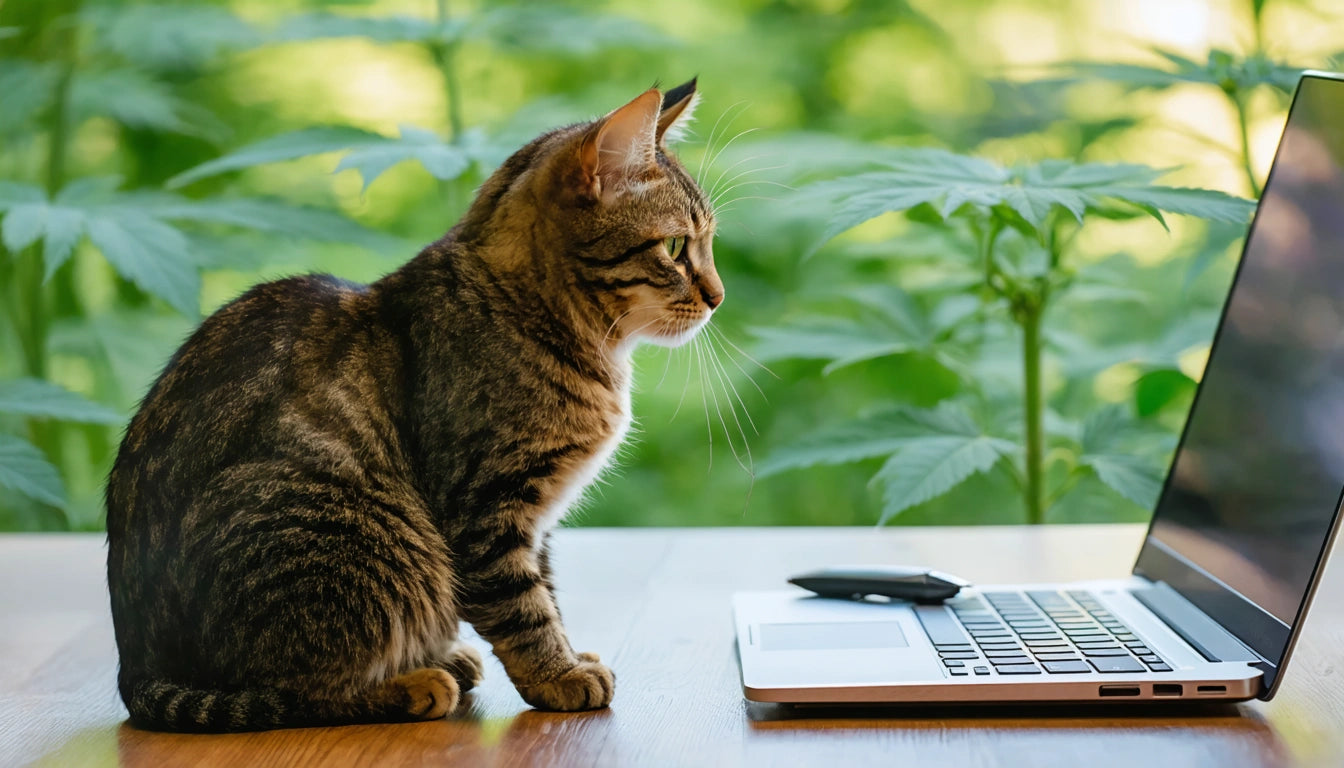 Tabby cat sitting on wooden table, staring at open laptop with a mouse on top, green leaves in the background