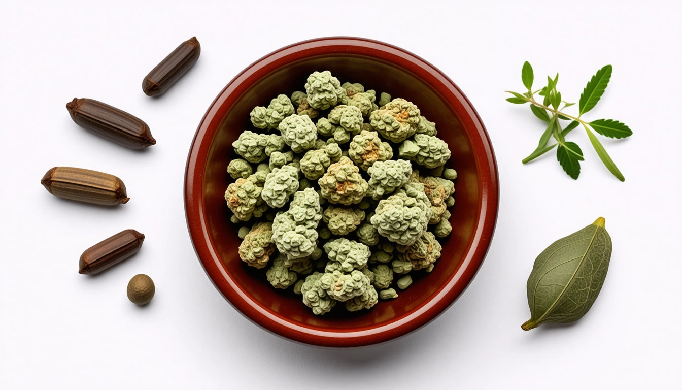 Red bowl filled with green, textured clusters, surrounded by brown capsules, a small round object, a leaf, and a sprig