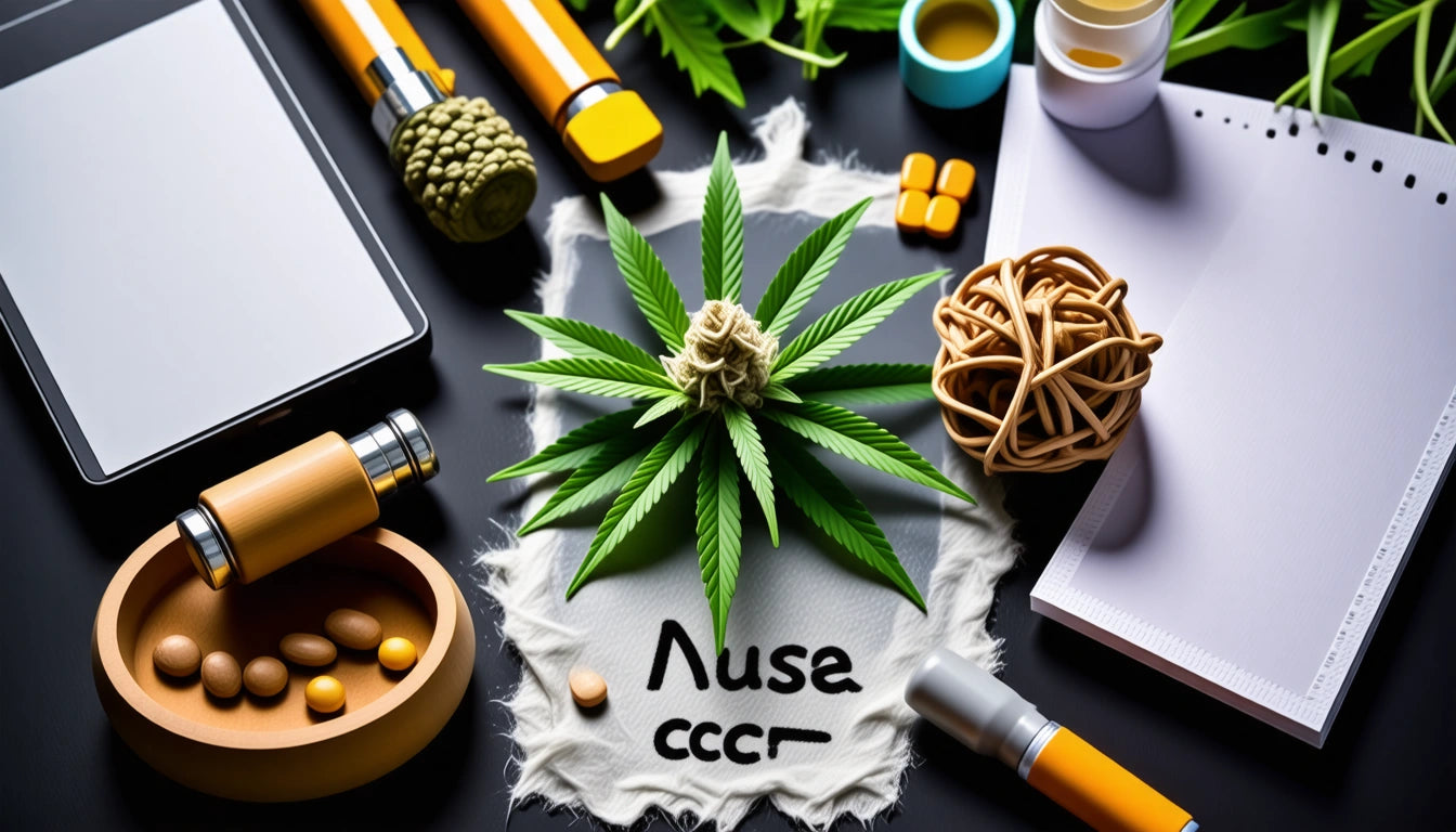 Tablet, cannabis leaf, pills, notepads, and pens arranged on a black surface with scattered leaves