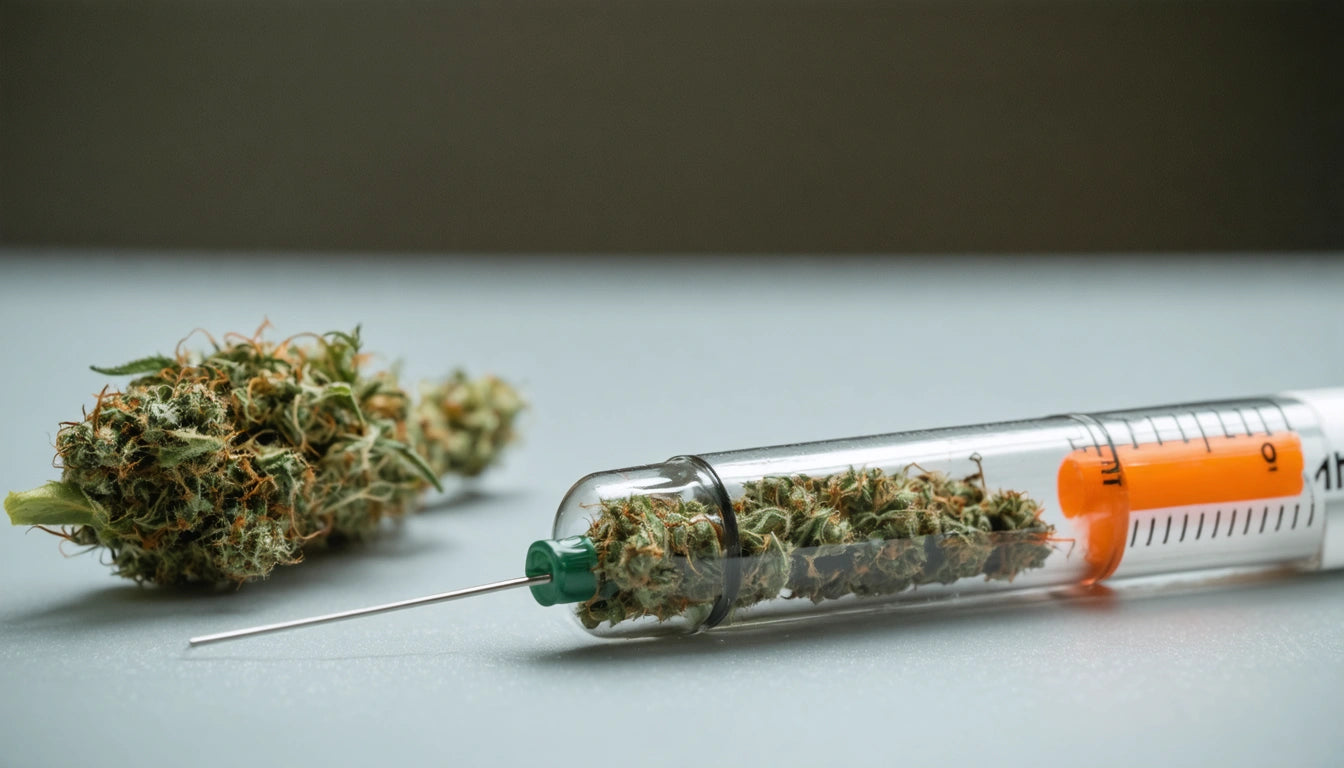 Syringe filled with green plant material, orange liquid in chamber, lying on light surface, blurred plant in background