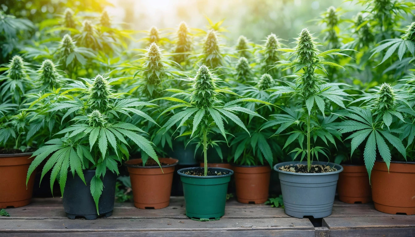 Potted green plants with pointed leaves and dense clusters, arranged on wooden surface, sunlight filtering through foliage