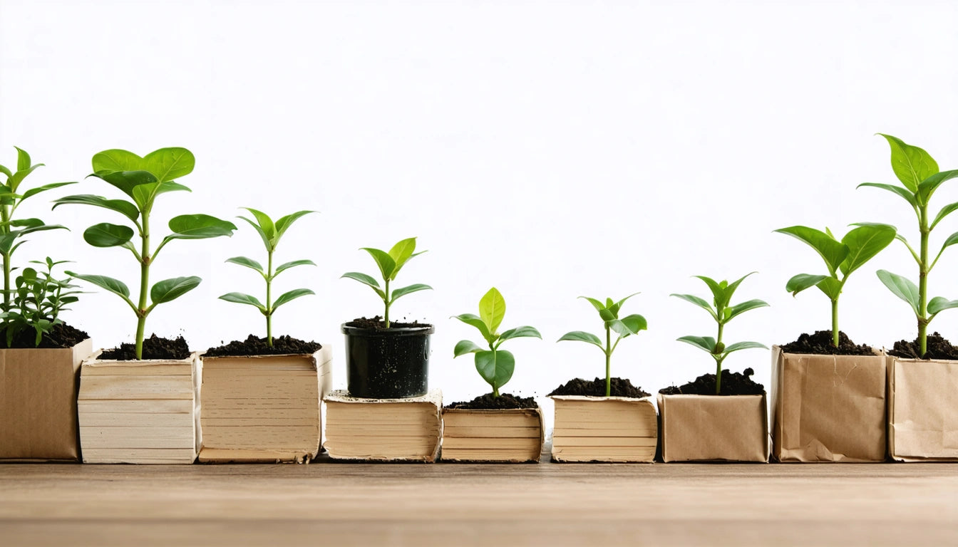 Small plants in pots and paper bags lined up on books against a white background