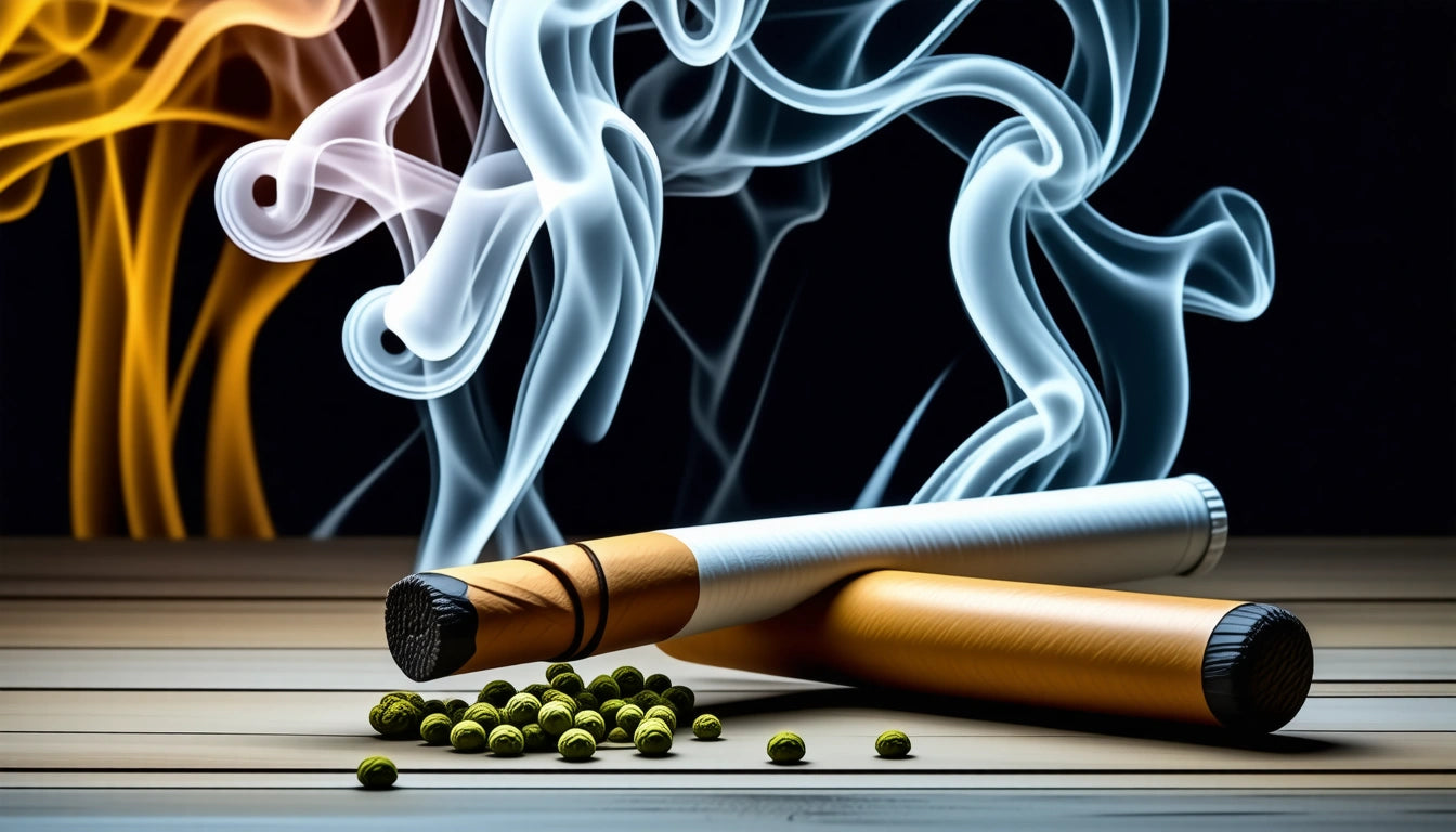 Two cigarettes on a wooden surface with swirling smoke and scattered green peas