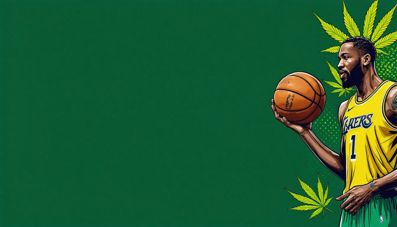 Man in yellow basketball jersey holding a basketball, with green leaves around him, set against a solid green background