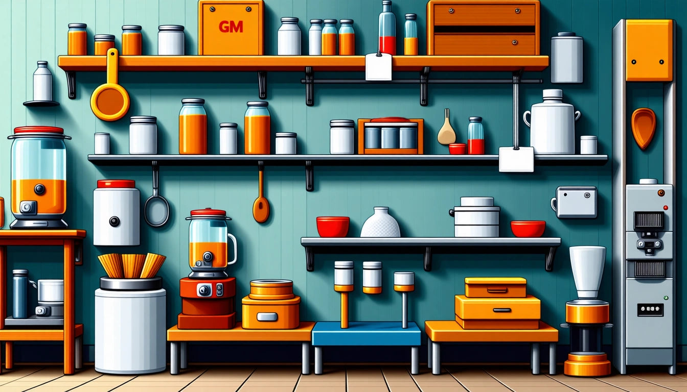 Shelves with jars, bottles, and containers in a kitchen. Blender, coffee machine, and utensils on counter. Blue and orange accents