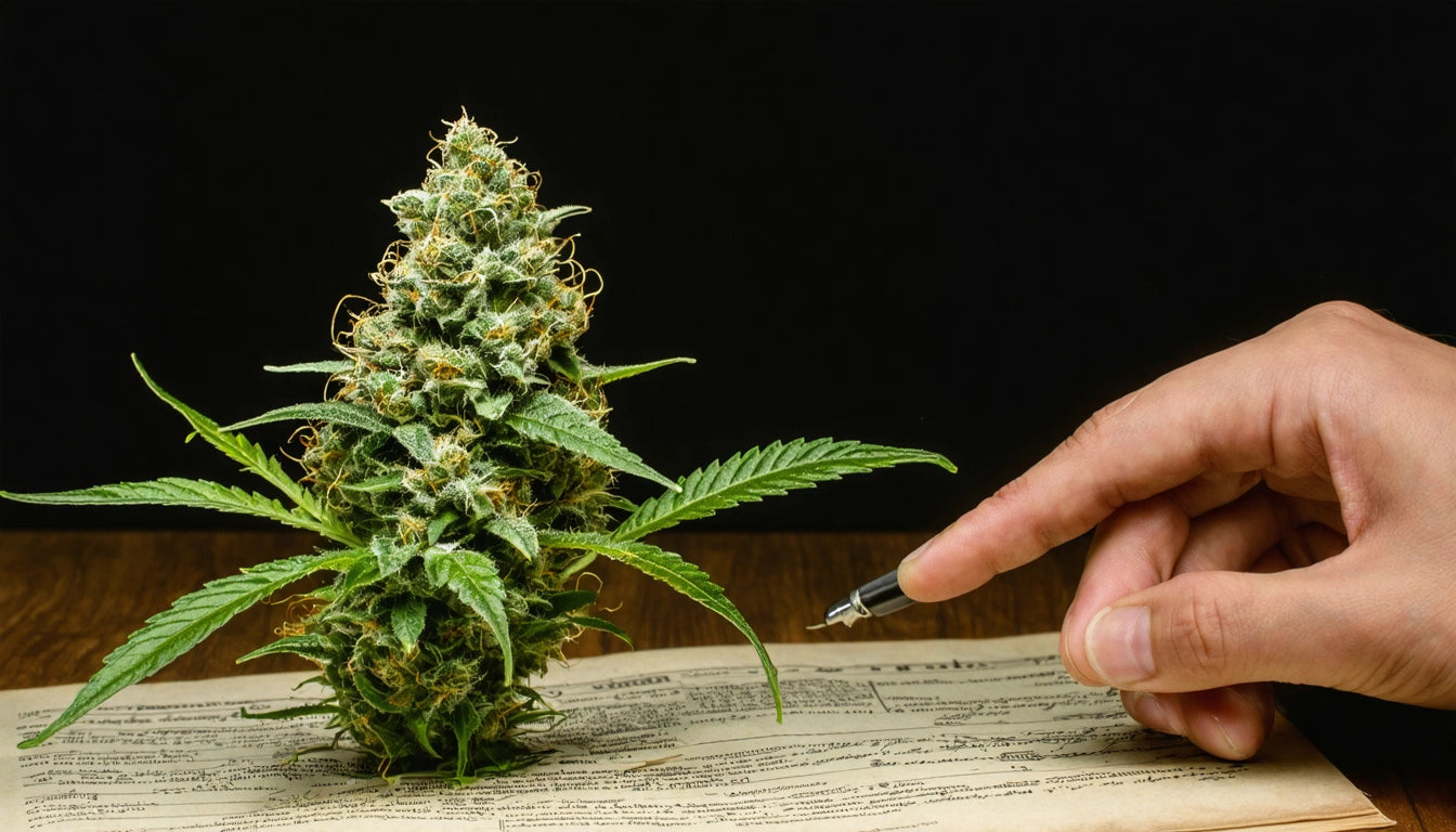Hand holding pen near large green plant with dense buds on paper against dark background