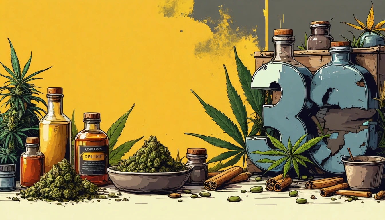 Bottles, bowl of herbs, and large number 3 with cannabis leaves on a yellow and gray background