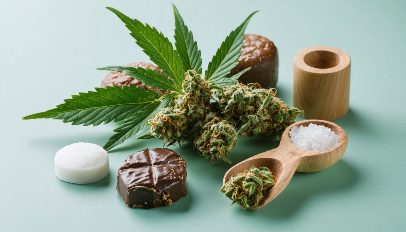 Cannabis buds and leaves, chocolate squares, wooden bowls with salt, and white tablets on a light green surface