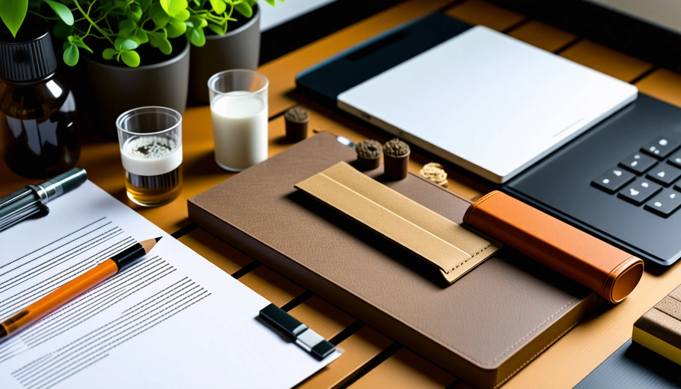 Brown notebook, pen, and papers on wooden desk with keyboard, tablet, small plants, and glasses of milk and espresso