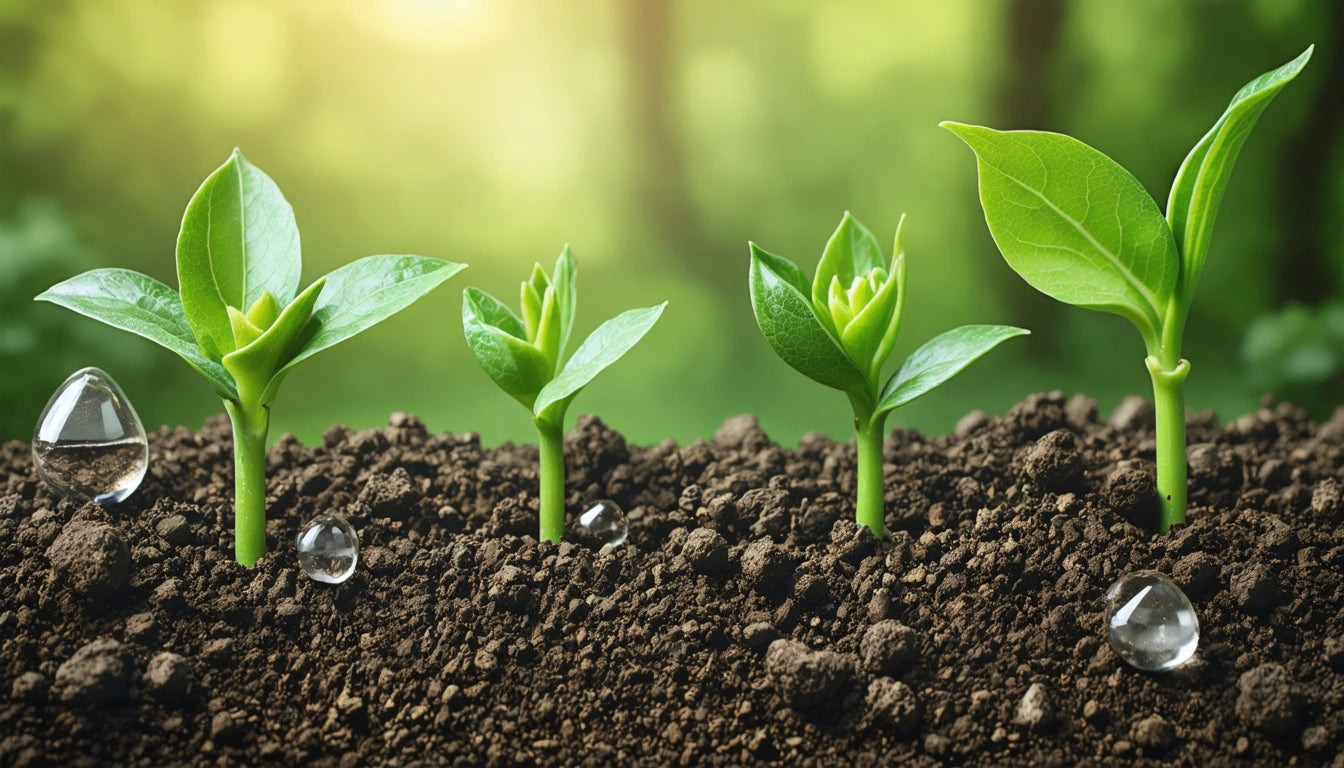 Four green seedlings sprouting from dark soil with water droplets, blurred green background