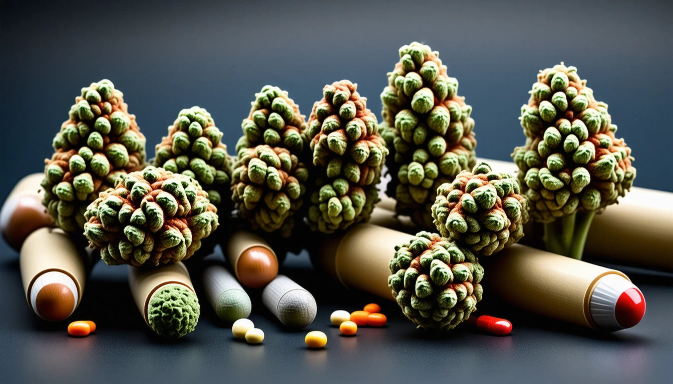 Clusters of green and orange buds on cylindrical objects, surrounded by scattered colorful pills on a dark surface