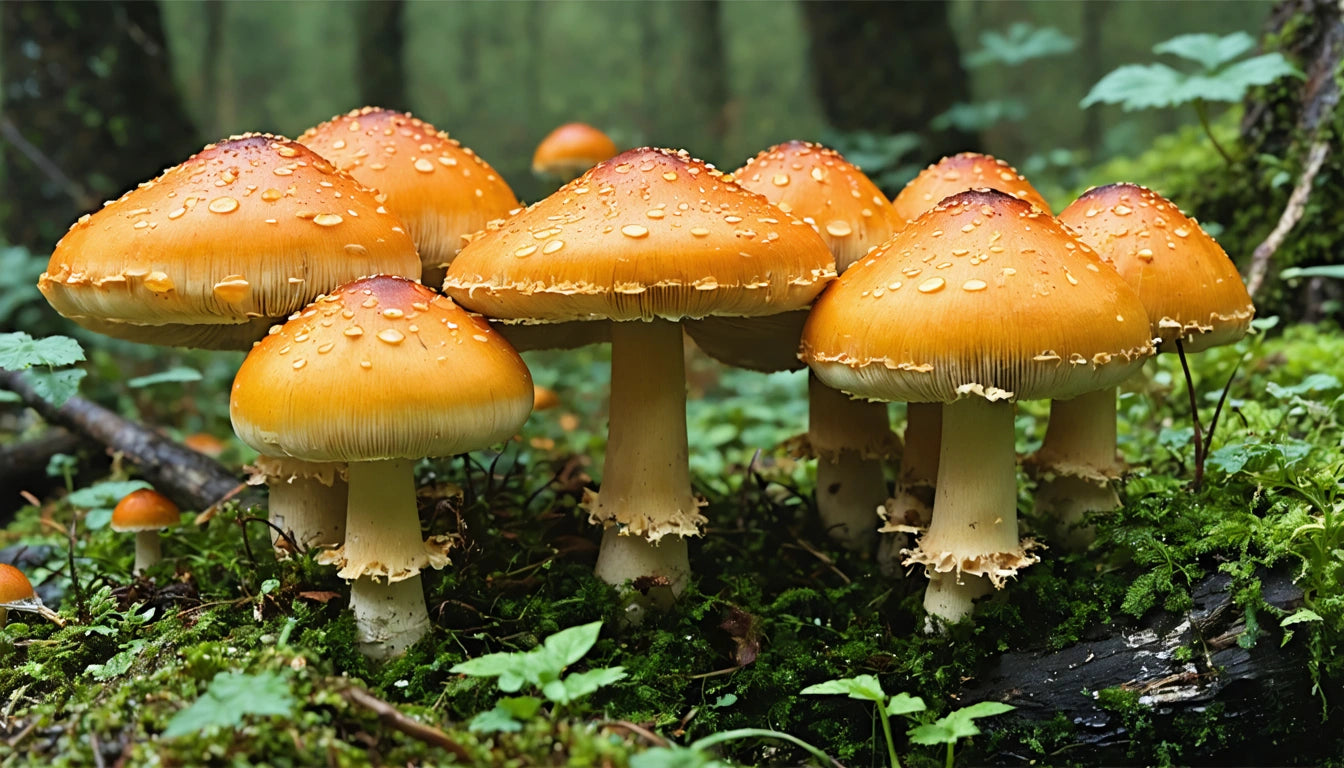 Cluster of orange mushrooms with white stems on mossy forest floor, droplets on caps, blurred green foliage in background