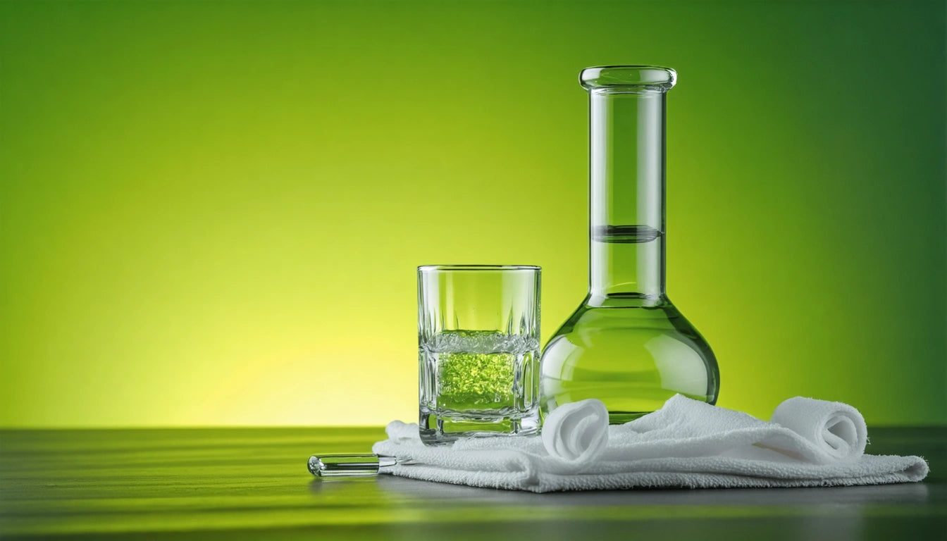 Glass bottle and tumbler on white cloth against a gradient green background