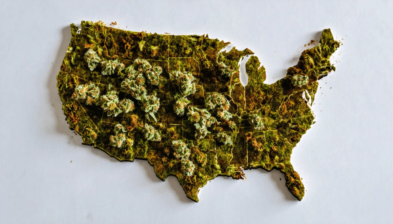 Map of the United States made of moss with clusters of small green plants on a white background