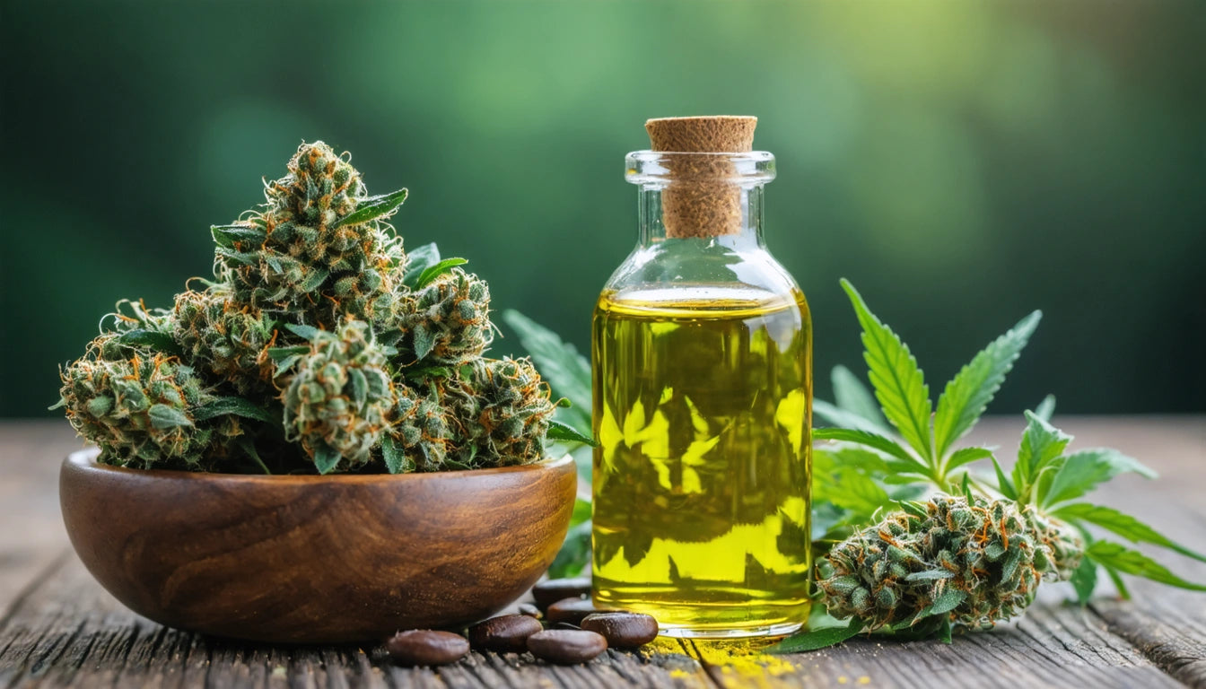 Glass bottle with yellow liquid, wooden bowl of green buds, scattered seeds, and green leaves on wooden surface