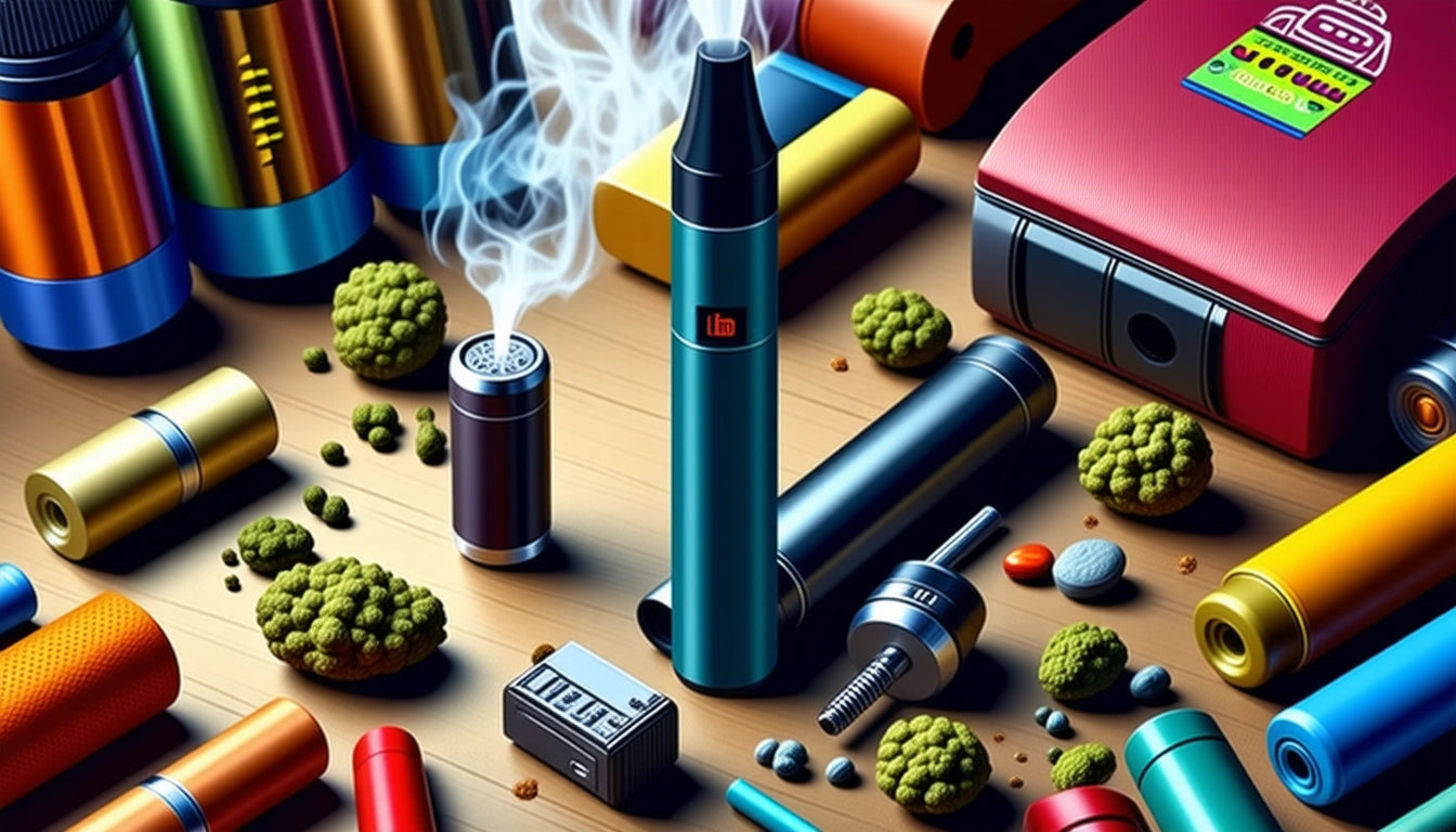 Colorful vape devices and accessories on a wooden surface, surrounded by green clusters and small stones