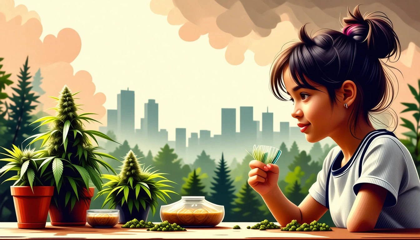 Young woman with a ponytail holding a small cup, sitting at a table with potted plants and jars, city skyline in the background