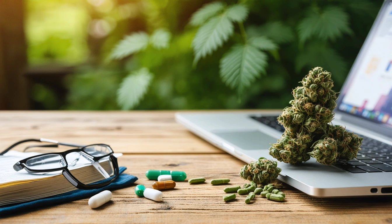 Glasses on a book, pills, and cannabis buds on a wooden table next to an open laptop, with green leaves in the background