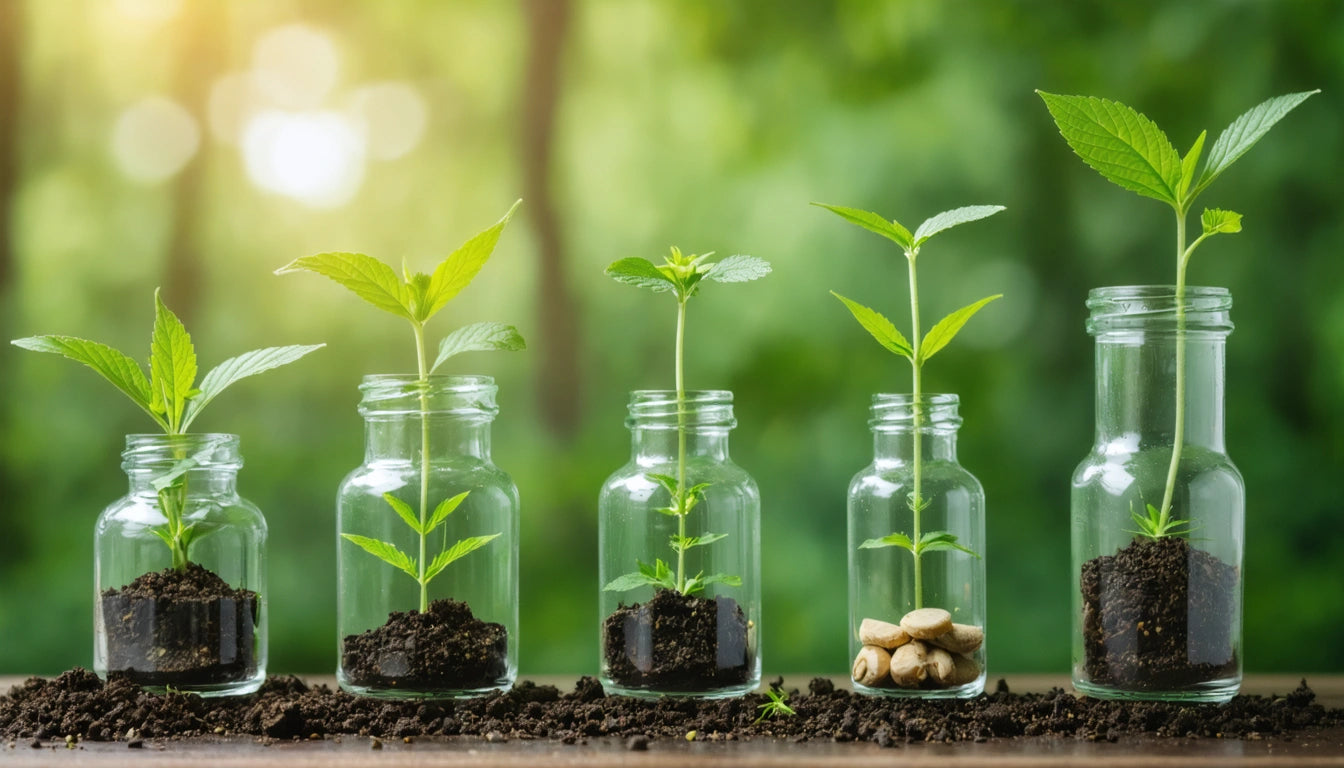Five glass jars with soil and growing plants, one jar contains pebbles, on a wooden surface with a blurred green background