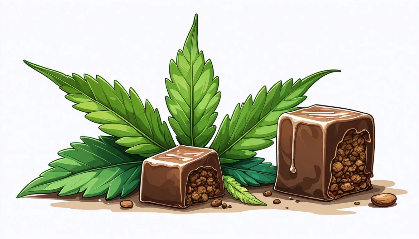 Two chocolate squares with caramel filling, surrounded by green leaves and scattered nuts on a white background
