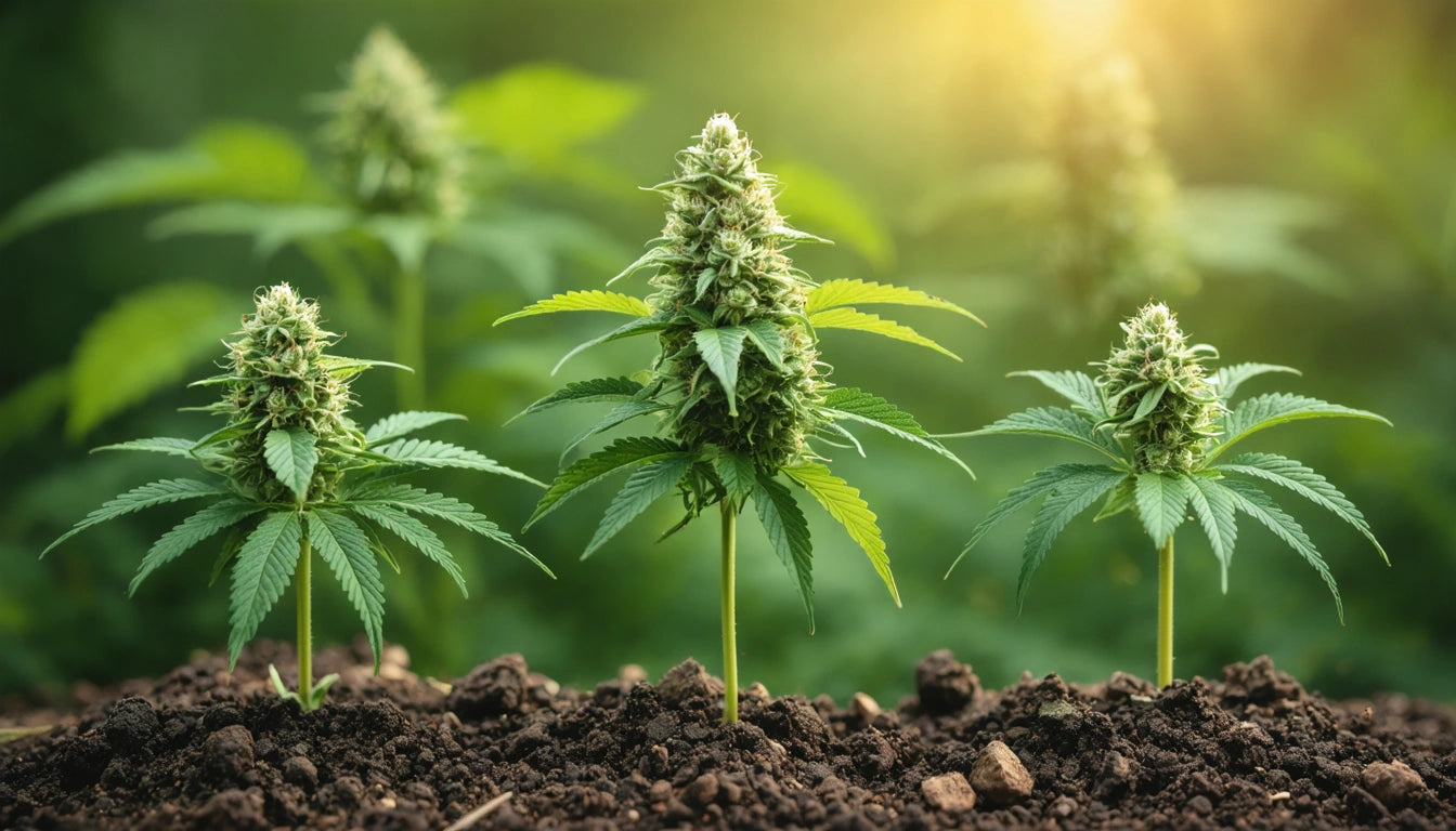 Four green plants with dense clusters of leaves and buds grow in dark soil, sunlight illuminating the background