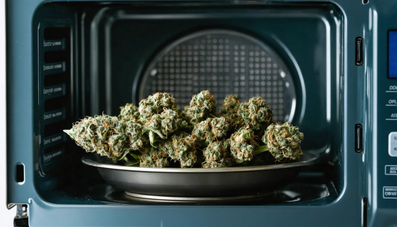 Metal tray with green, leafy buds inside a dark blue microwave oven
