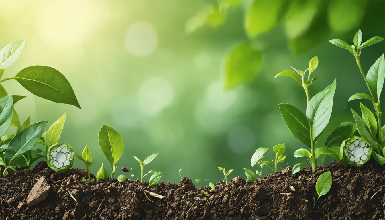 Green plants sprouting from soil against a blurred green background with sunlight filtering through leaves