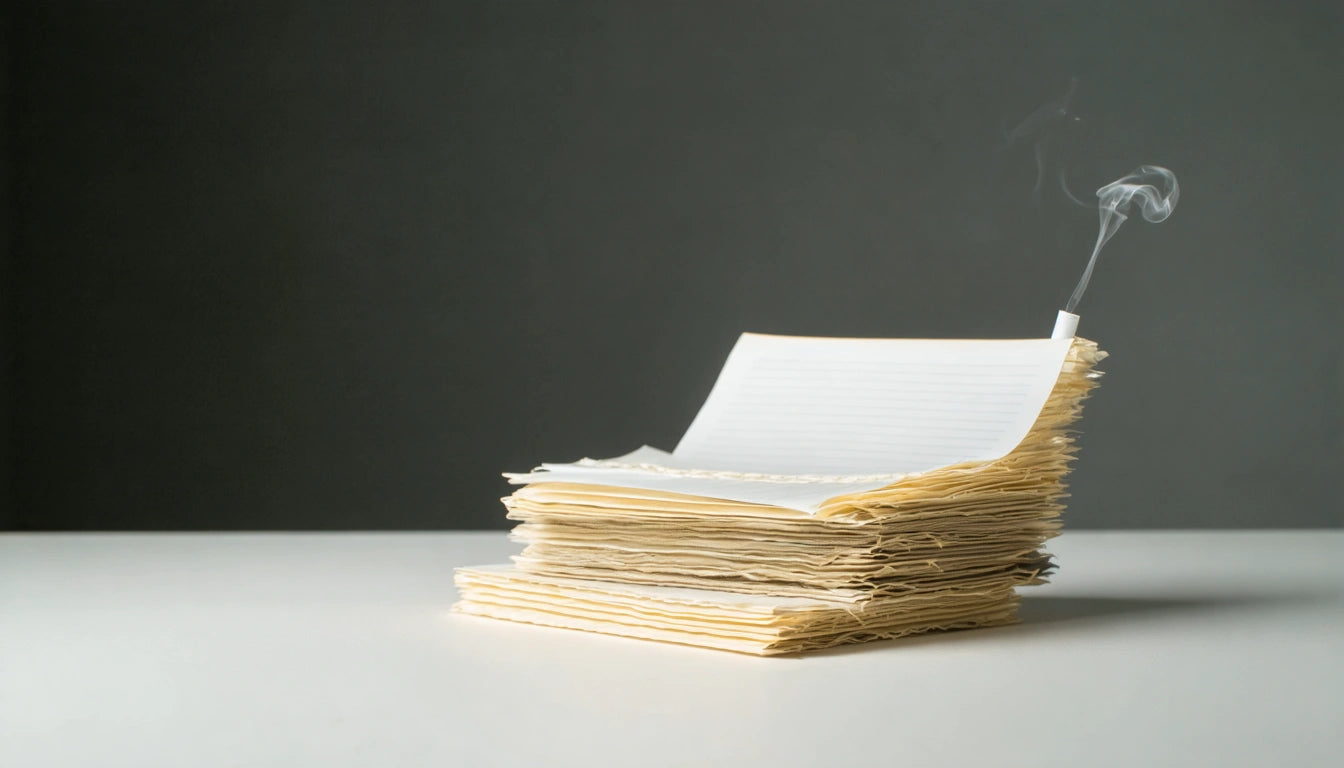 Stack of papers with a lit cigarette resting on top, smoke rising against a dark gray background