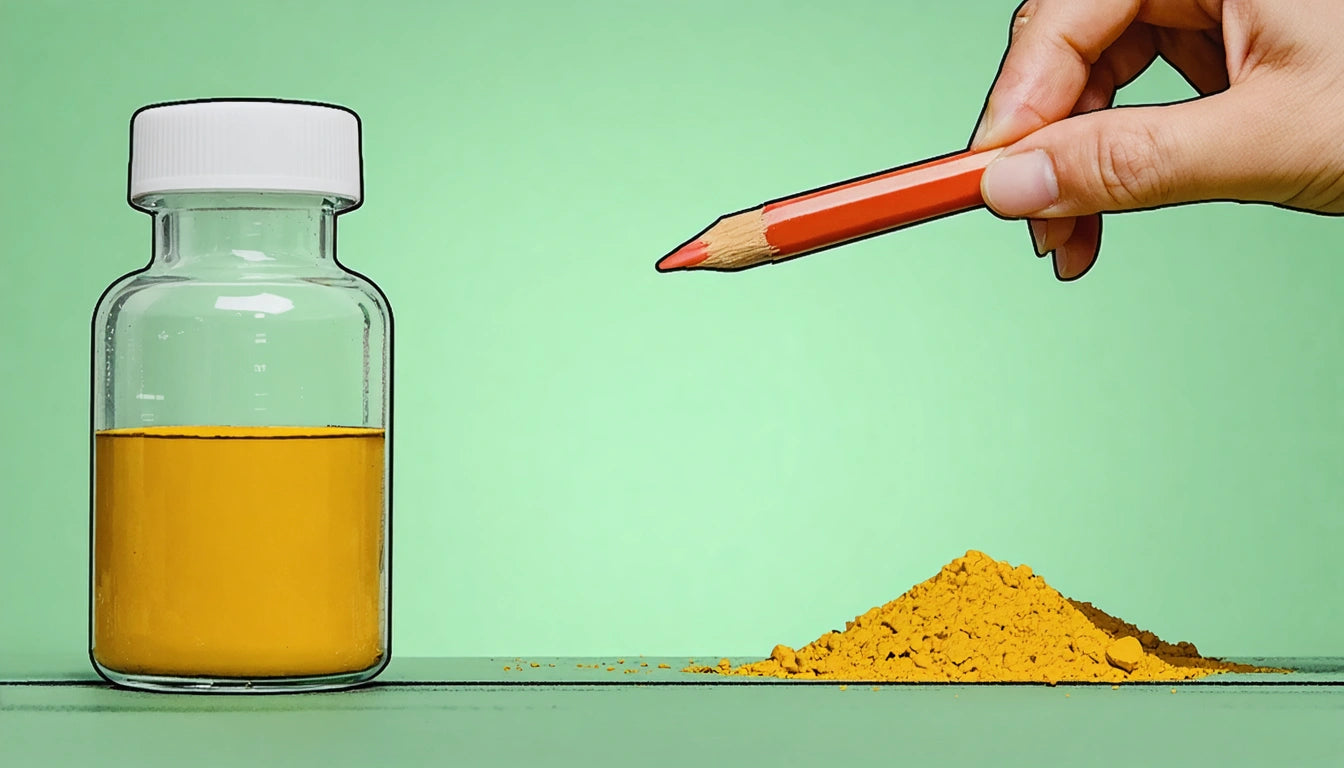 Hand holding red pencil above yellow powder next to a clear jar with yellow liquid, against a green background
