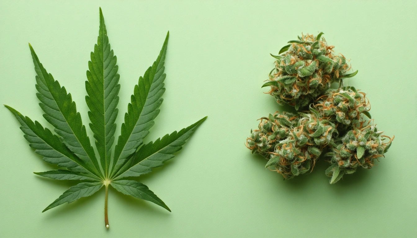 Green leaf with serrated edges on left, cluster of dense, textured green buds with orange hairs on right, light green background