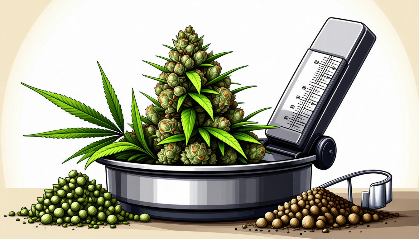 Metal scale with a digital display, cannabis plant, green leaves, and piles of green and brown seeds on a beige surface