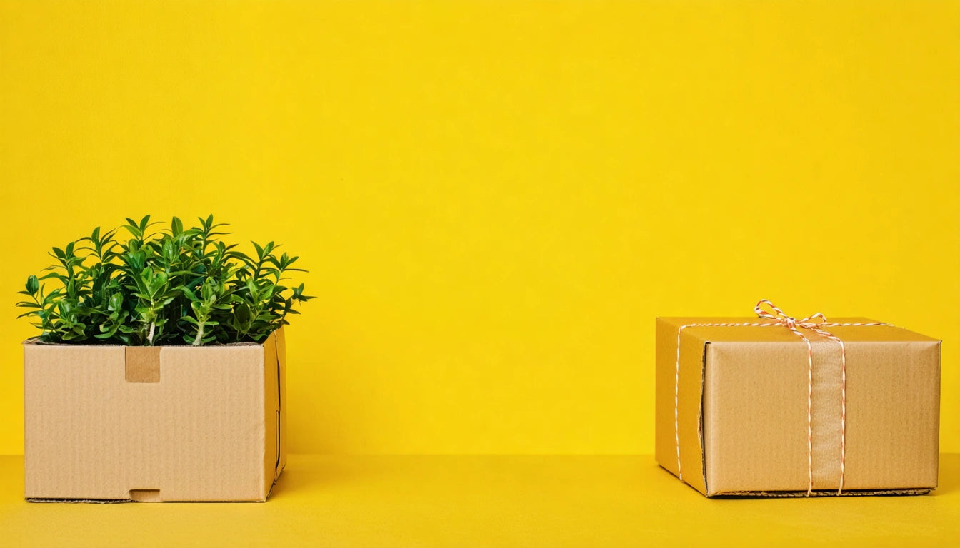 Potted green plant in a cardboard box next to a closed cardboard box with string, both on a yellow background