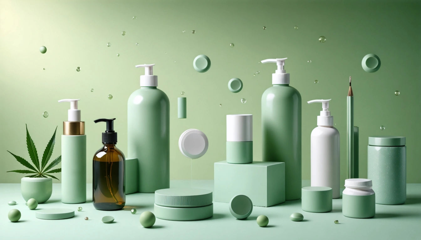 Green and brown bottles with pumps, jars, and a pencil on a green surface, surrounded by floating lids and small spheres