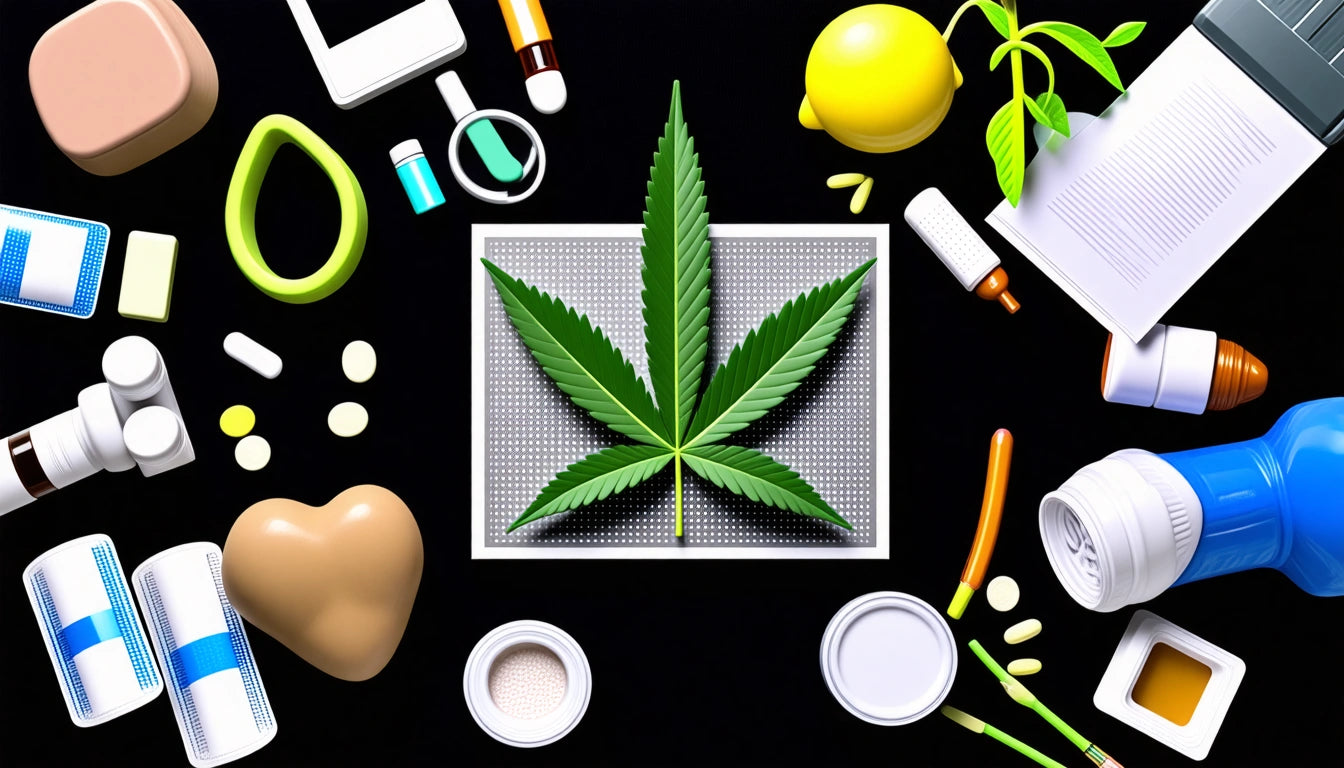 Green leaf on square mat surrounded by pills, bottles, lemon, plant, and heart-shaped object on black background