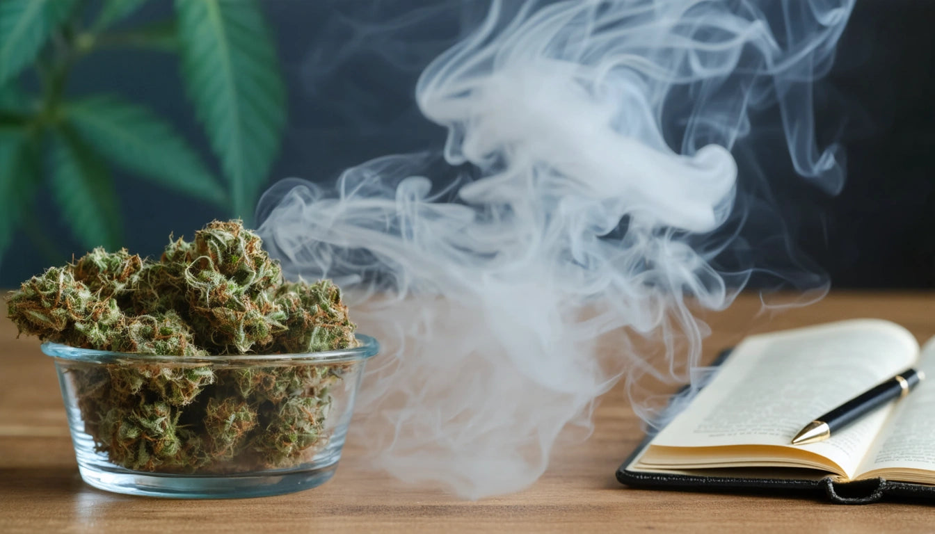 Glass bowl with green buds on wooden table, smoke rising nearby, open book with pen on right, large leaf in background