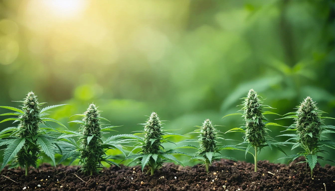 Six green plants with spiky leaves and buds growing in soil, with a blurred green background and sunlight from the top left