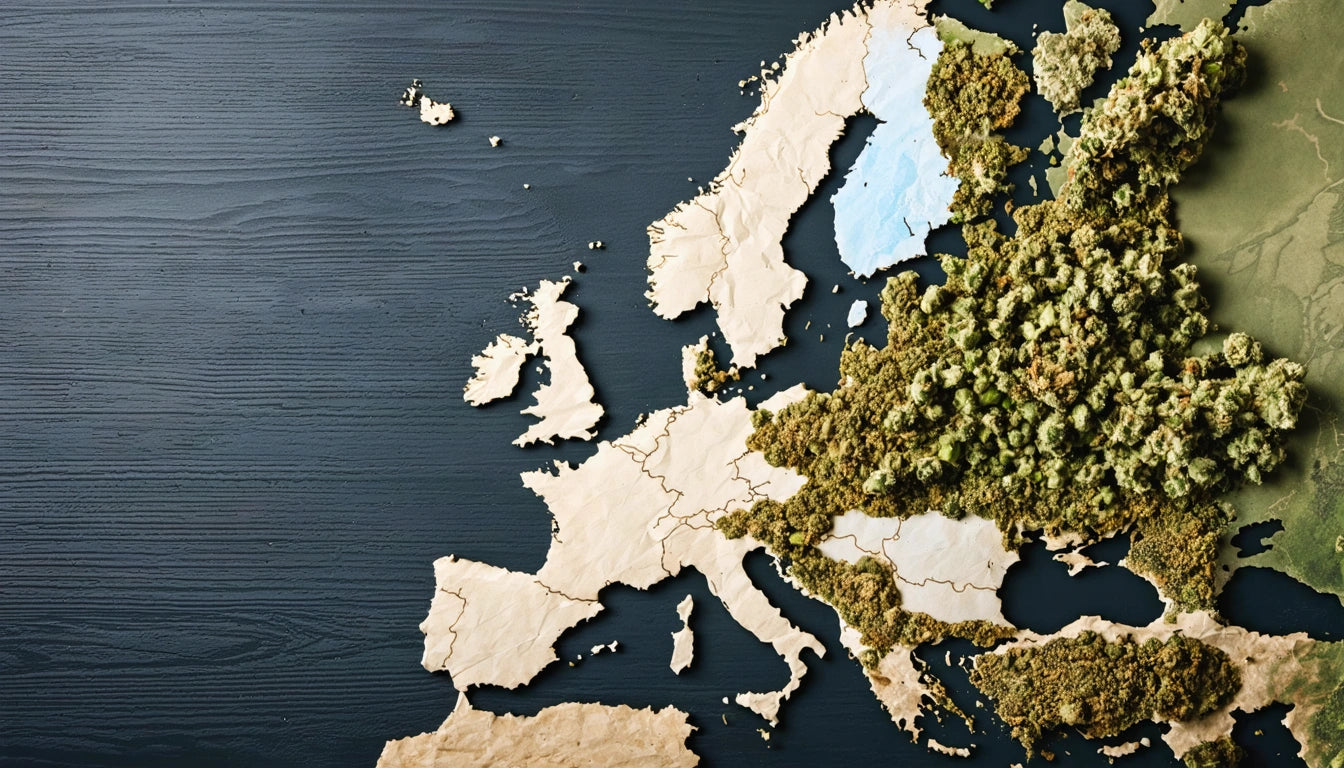 Map of Europe with textured land in beige and green, blue water, and a dark wood background